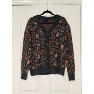 Cotton On Mens Green Geometric Floral Jacquard V-Neck Button Cardigan Sweater S
